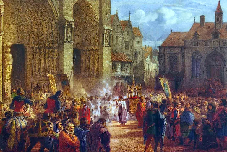 São Luís descalço carrega o relicário com a Coroa de Espinhos rumo à catedral Notre Dame de Paris