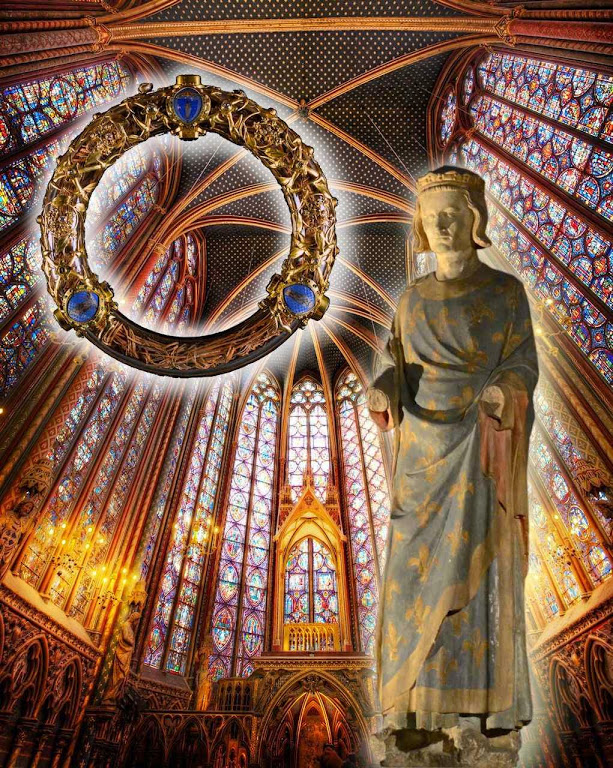 São Luís e a Coroa de Espinhos. No fundo: a Sainte-Chapelle que ele mandou construir no palácio real de Paris para guardar a Coroa da Paixão de Nosso Senhor Jesus Cristo